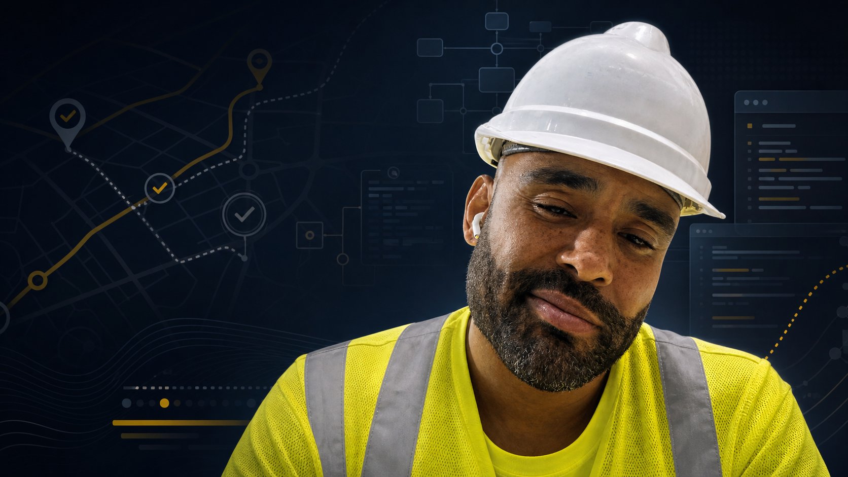 Frank Smith III in field operations safety gear with logistics and software planning graphics