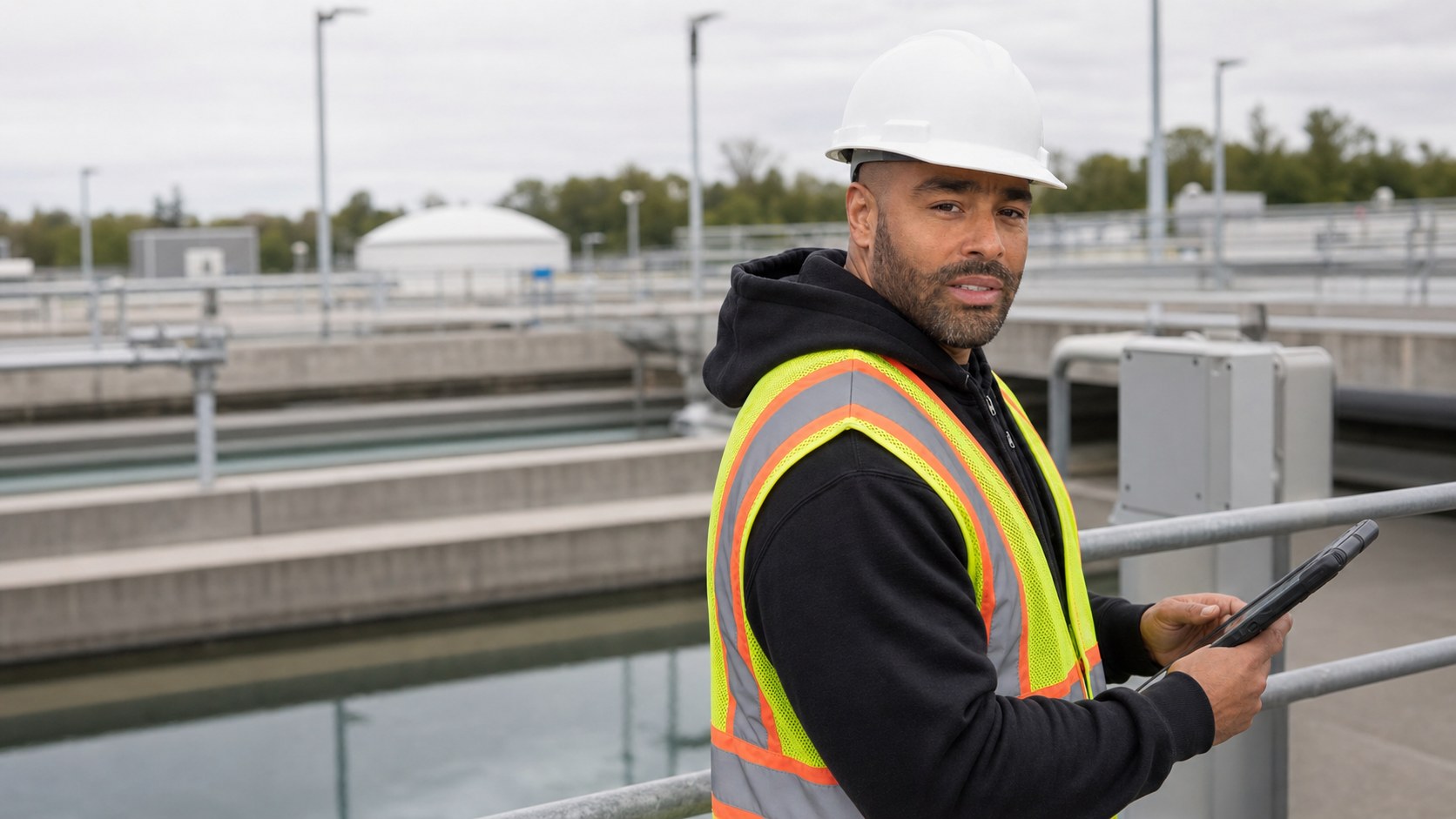 AI-generated likeness of Frank Smith III reviewing field notes near water-treatment operations equipment