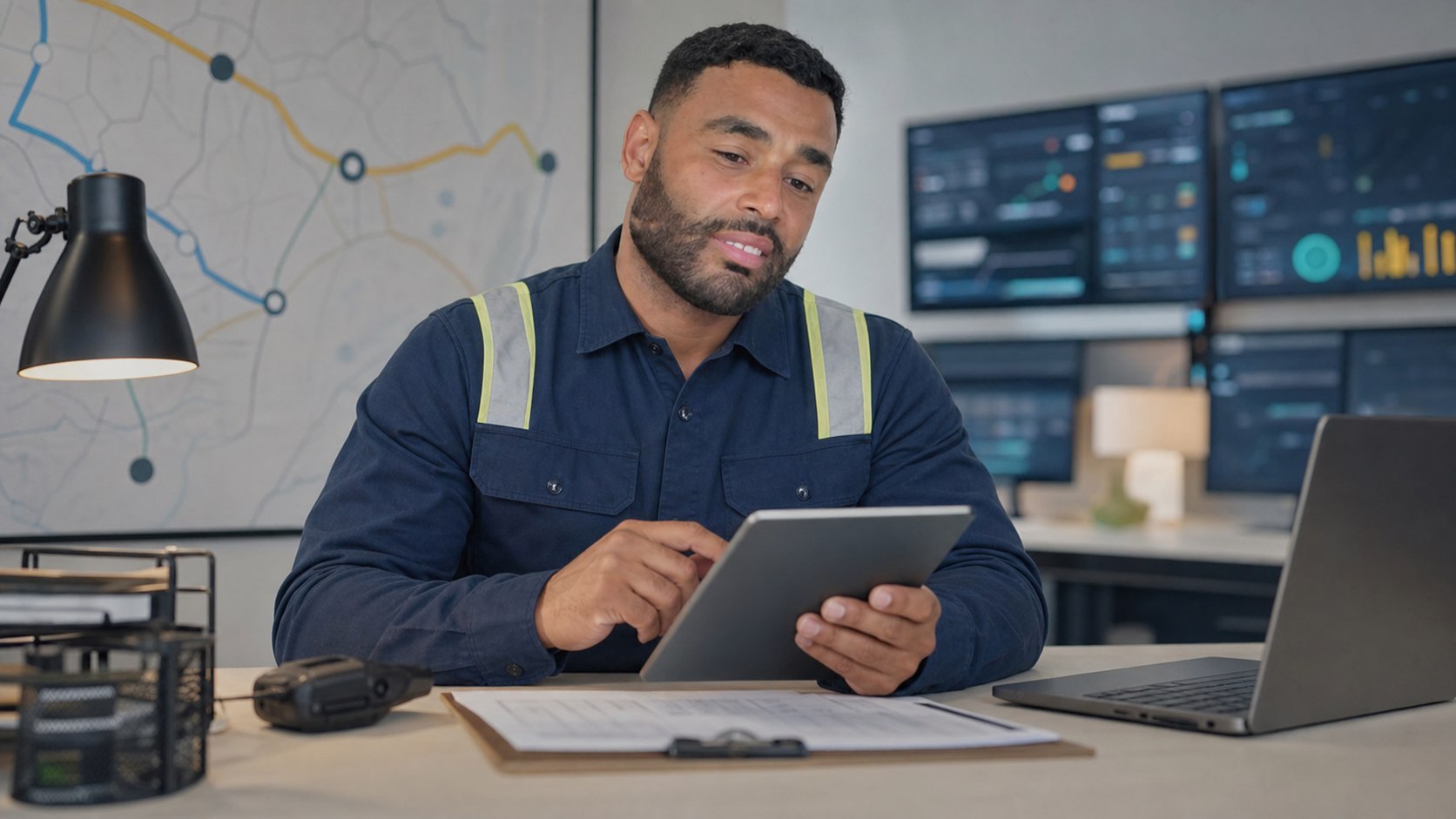 Frank Smith III reviewing logistics and technical operations planning on a digital workflow dashboard