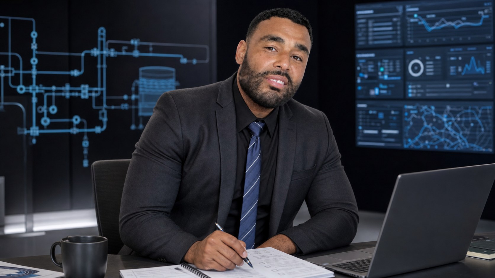 AI-generated likeness of Frank Smith III reviewing operational runbook notes beside a laptop