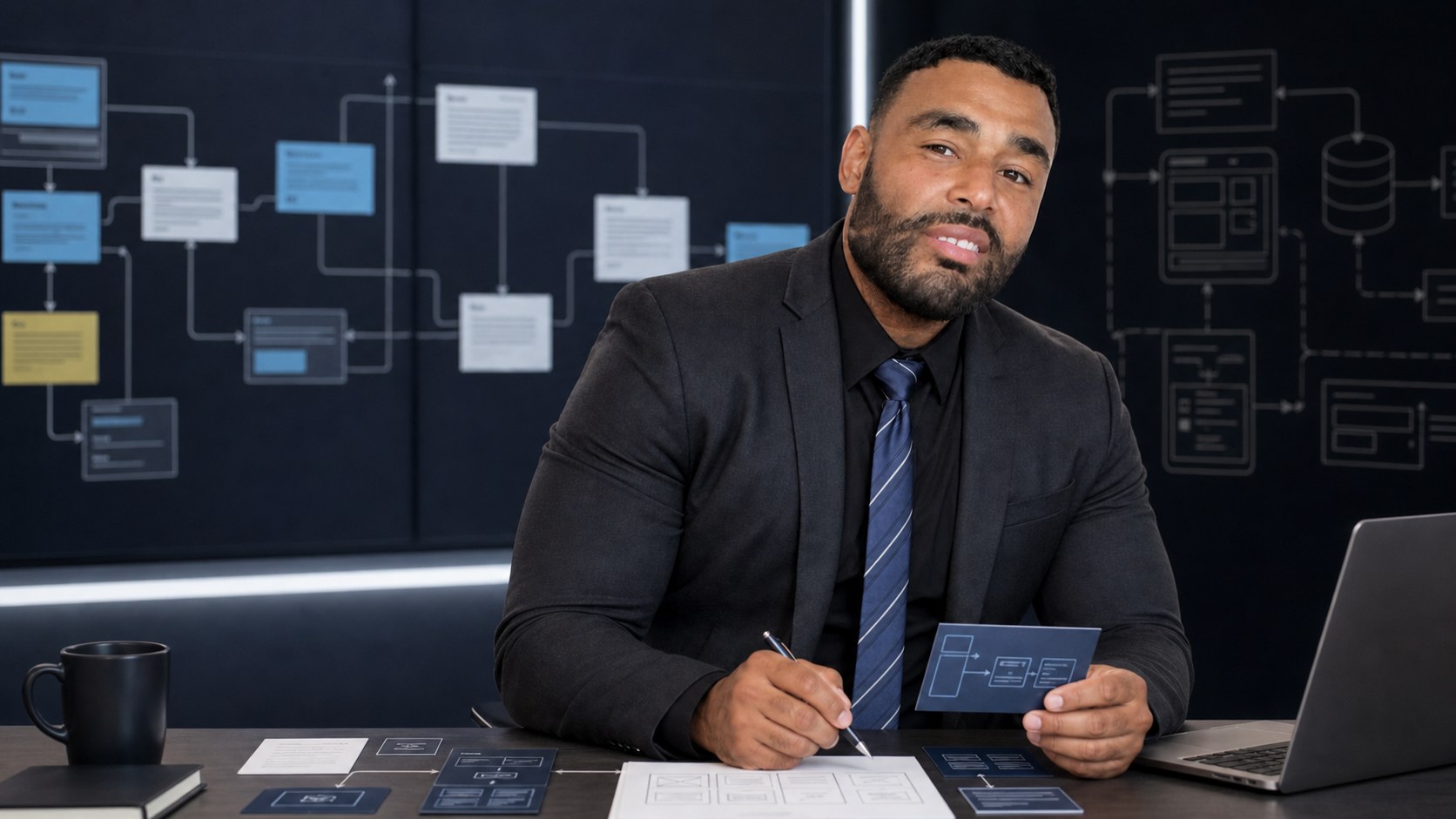 AI-generated professional portrait of Frank Smith III reviewing software project planning cards