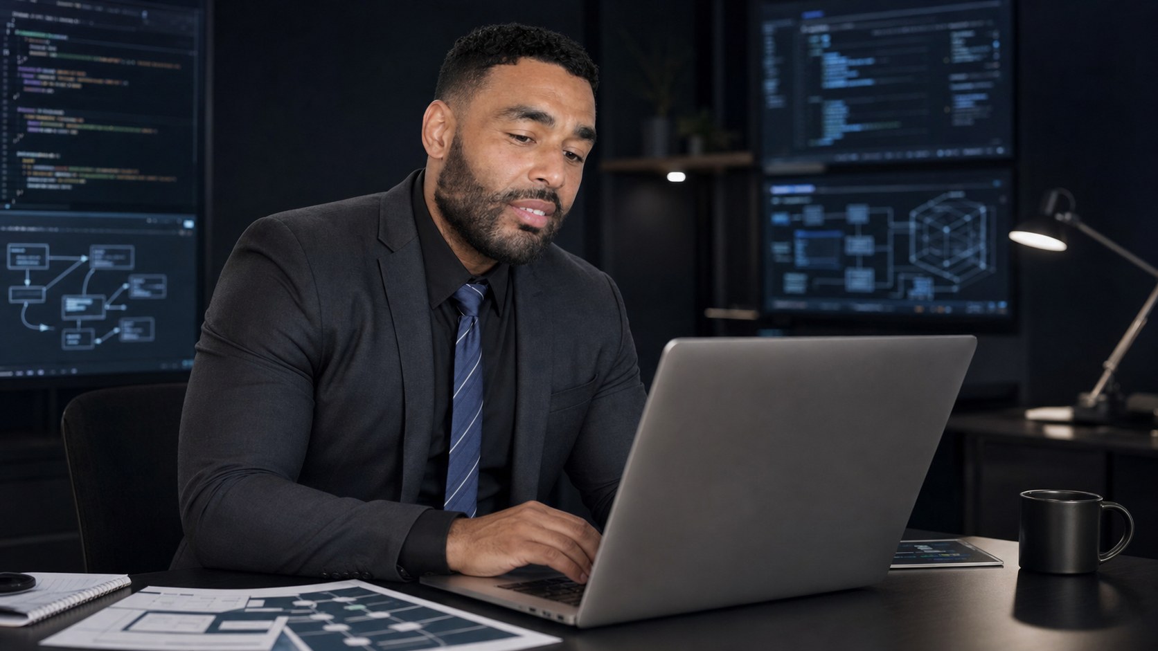 AI-generated likeness of Frank Smith III reviewing README documentation at a laptop