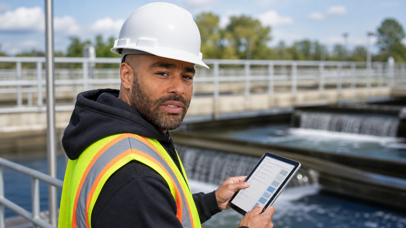 AI-generated likeness of Frank Smith III reviewing safety checks on a tablet near water-treatment equipment
