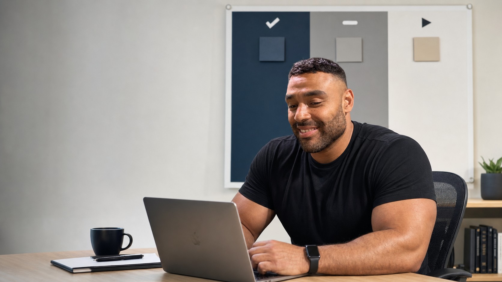 AI-generated likeness of Frank Smith III reviewing status, blockers, and next actions at a desk