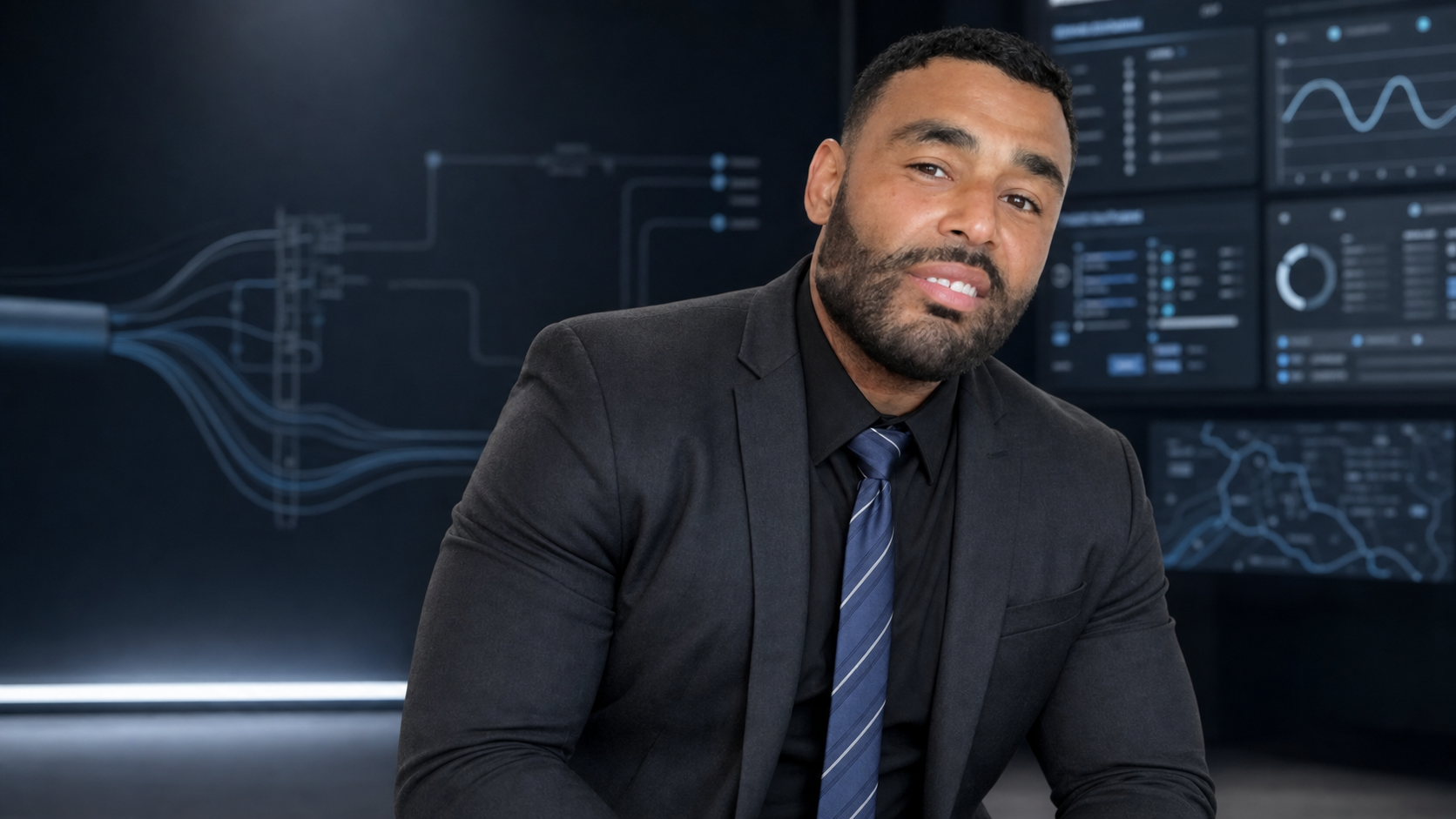 AI-generated professional portrait of Frank Smith III in a technical operations studio