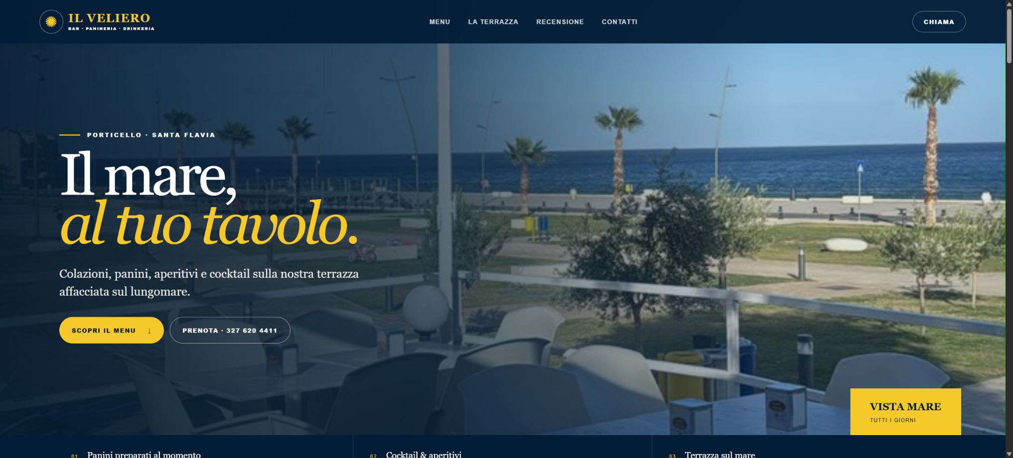 Live Il Veliero restaurant website showing its Porticello waterfront hero and navigation.