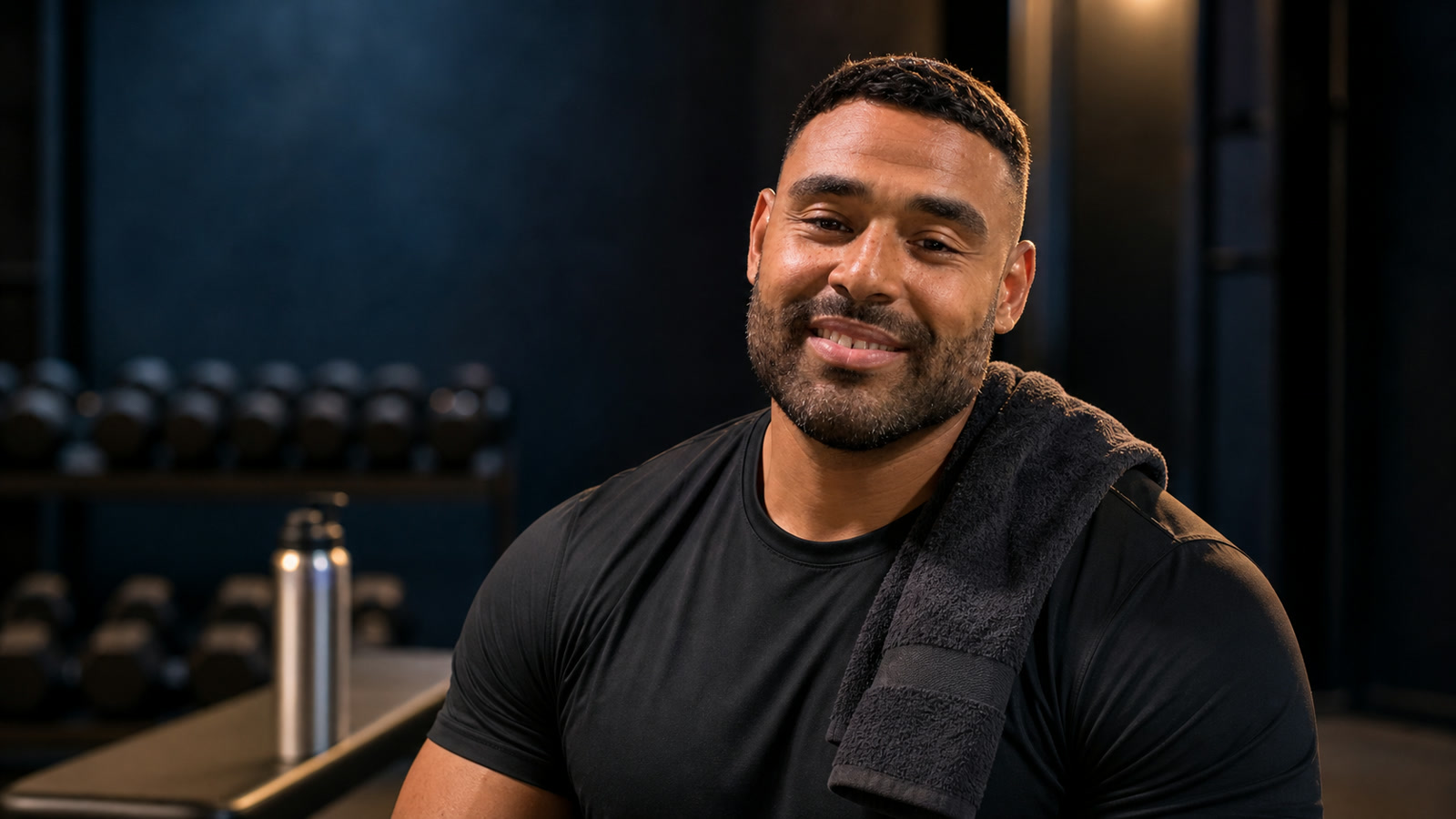 AI-assisted editorial image of Frank Smith III during a focused fitness recovery session