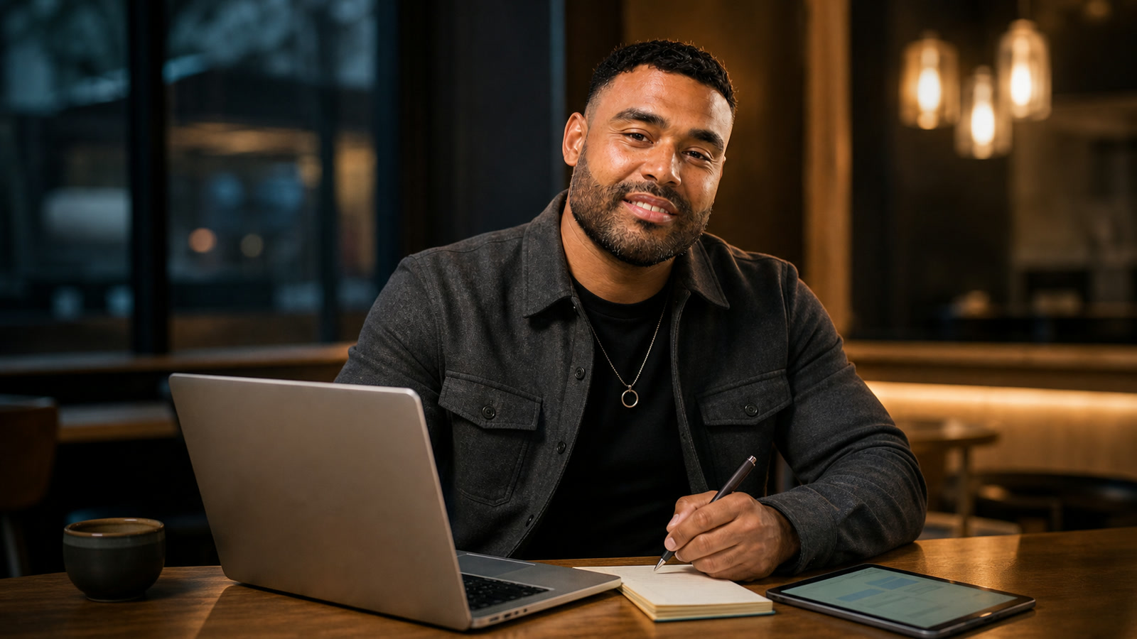 Frank Smith III working at a desk on a hospitality website plan