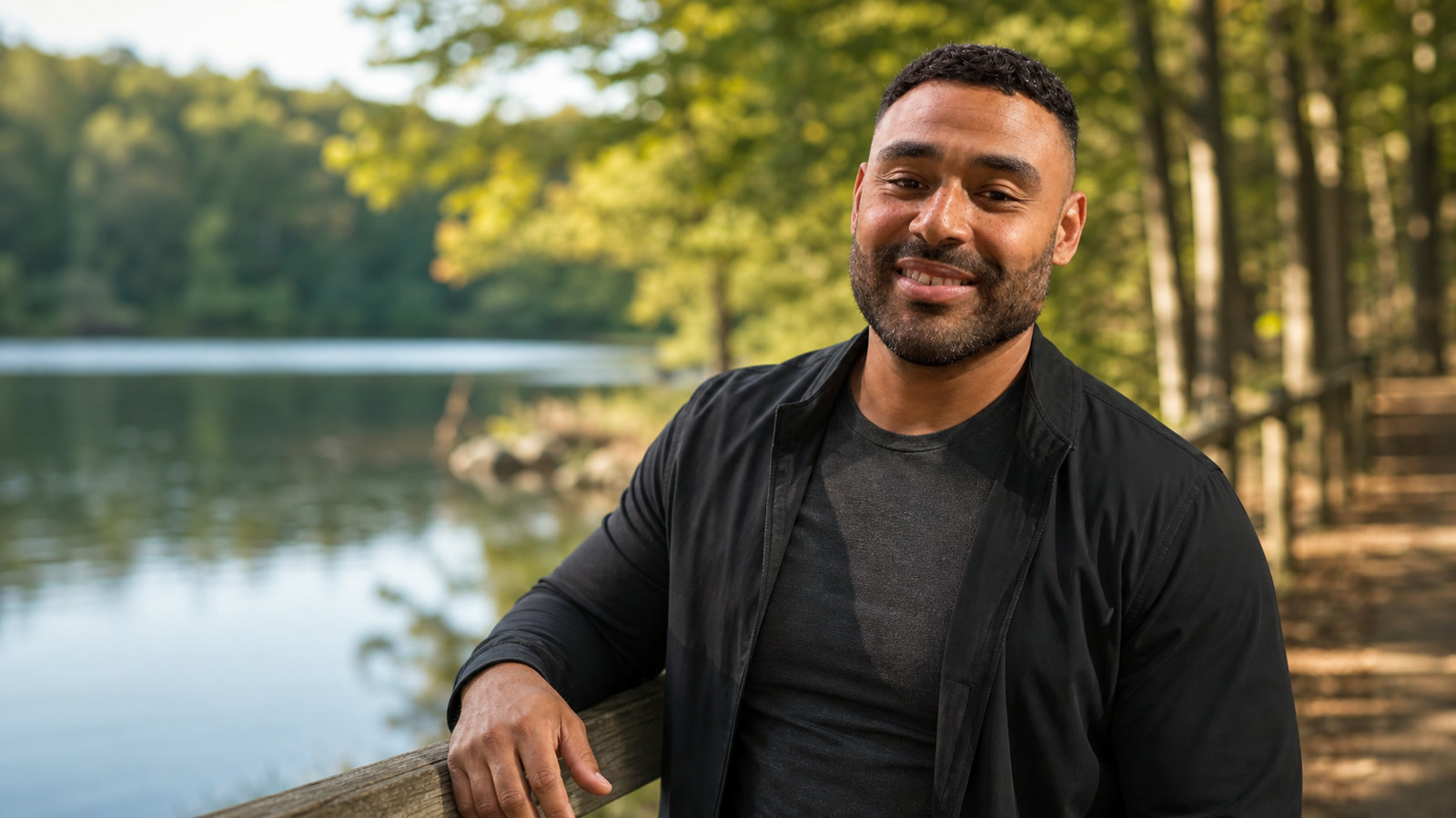 AI-assisted editorial image of Frank Smith III taking a quiet break beside a lake