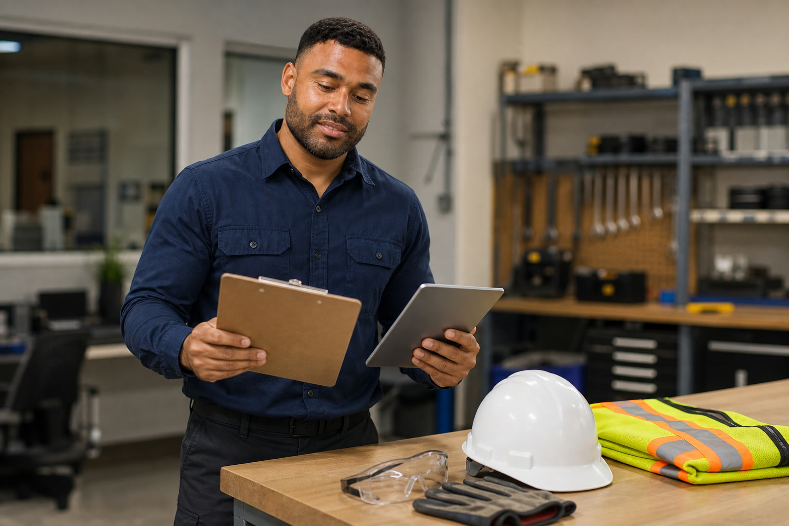 AI-assisted editorial image of Frank Smith III reviewing field operations notes at a generic workbench