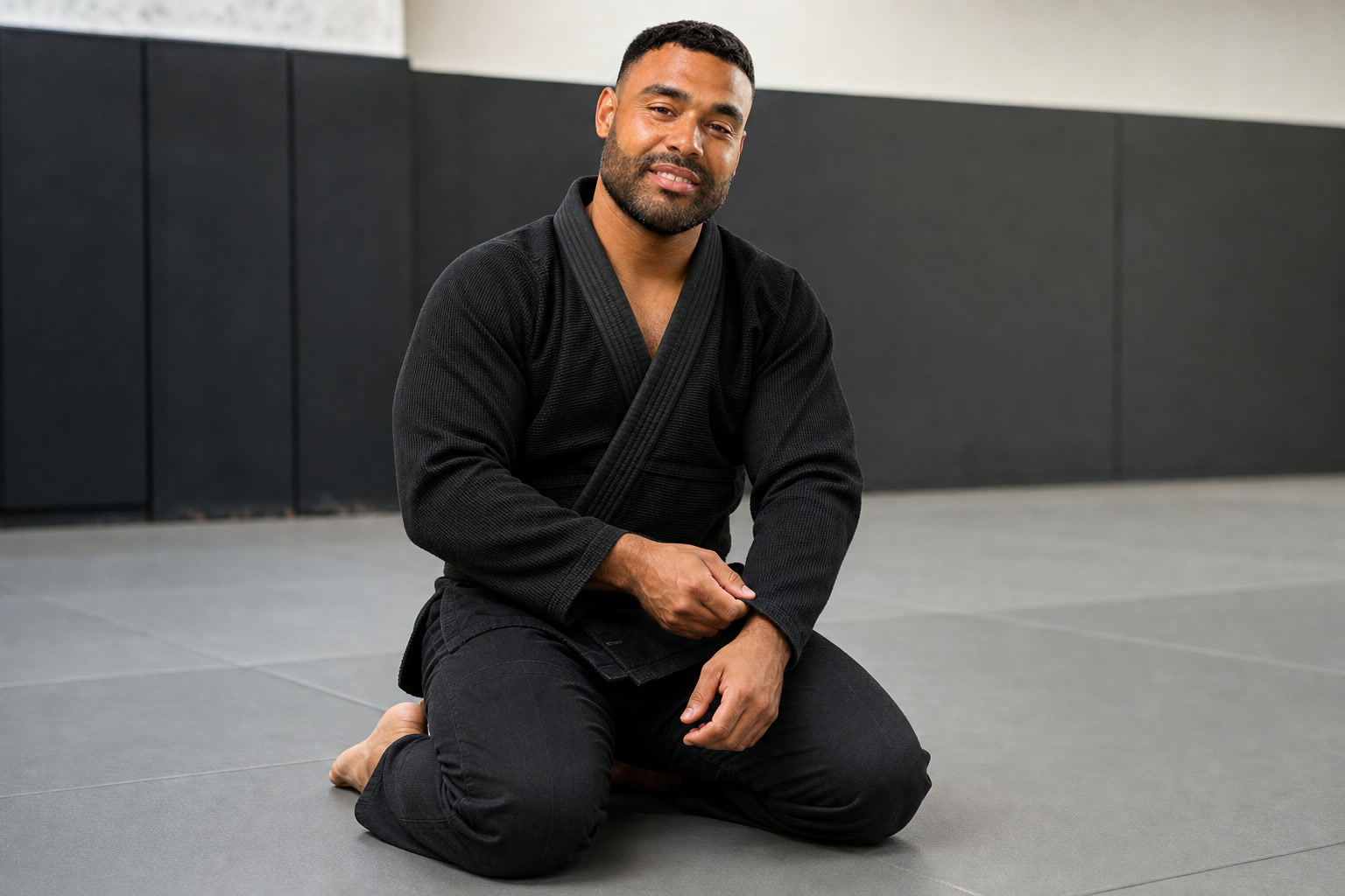 AI-assisted editorial image of Frank Smith III preparing for a Brazilian jiu-jitsu training session