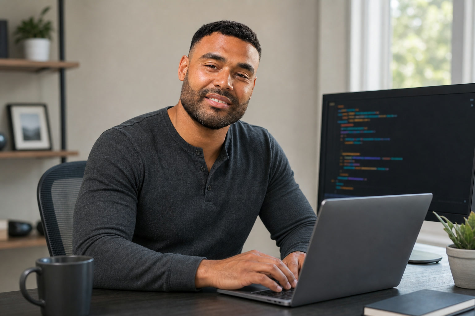 AI-assisted editorial image of Frank Smith III at a software development workspace