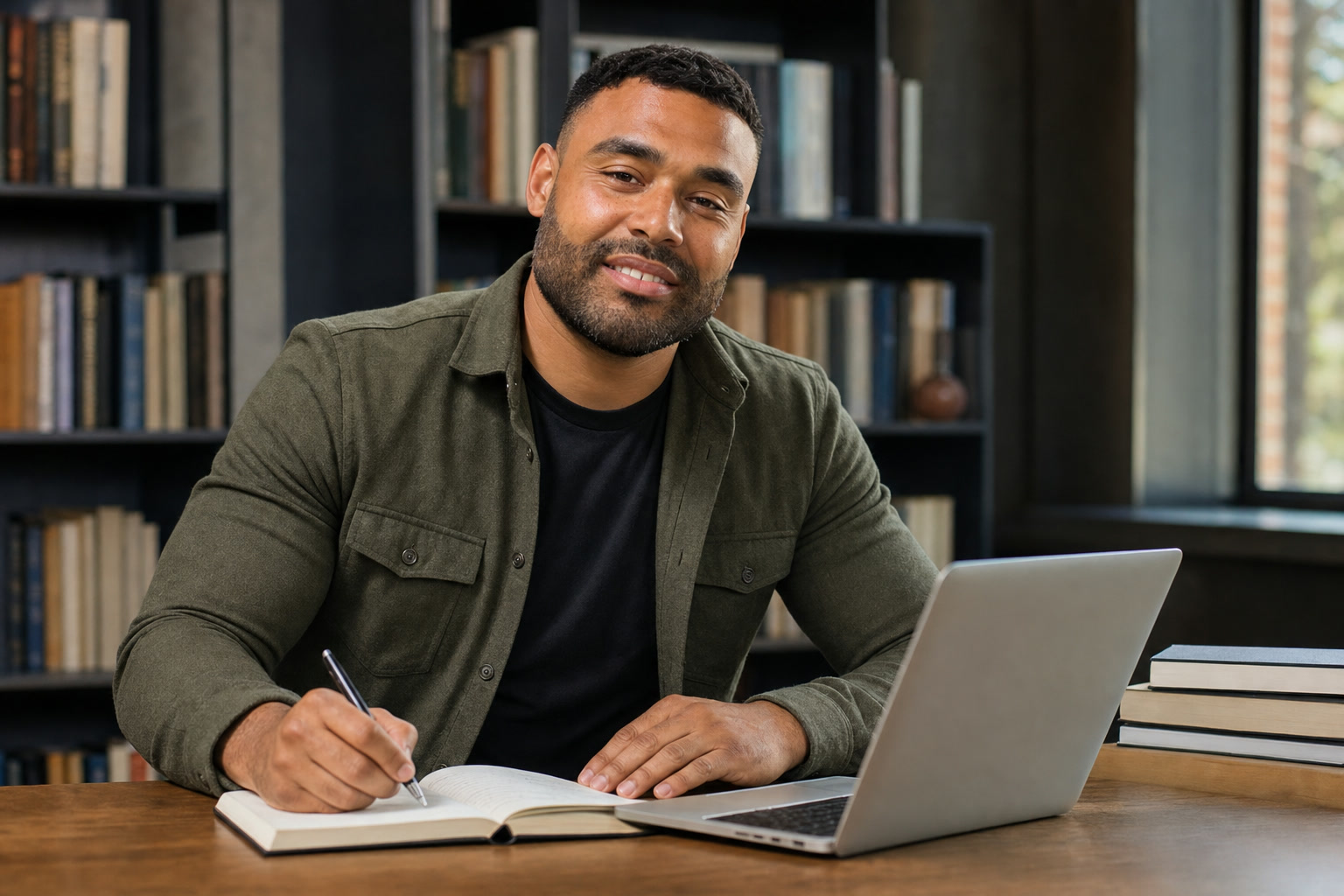 AI-assisted editorial image of Frank Smith III writing notes beside a laptop