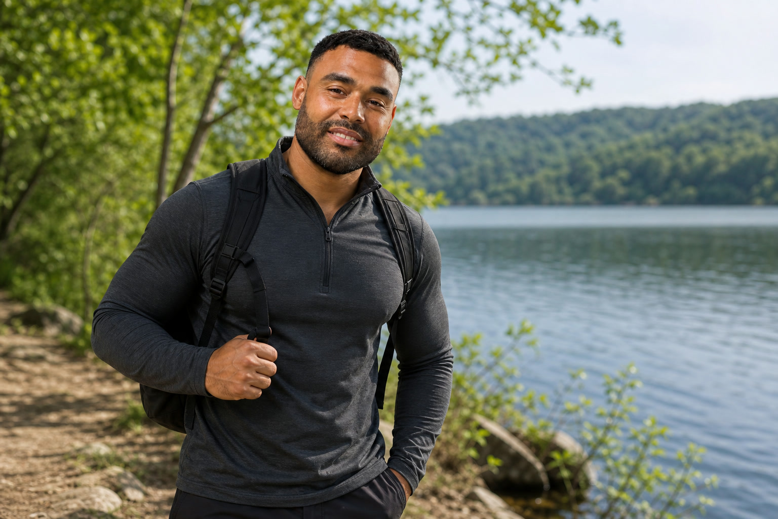 AI-assisted editorial image of Frank Smith III taking a break beside a generic wooded lake trail