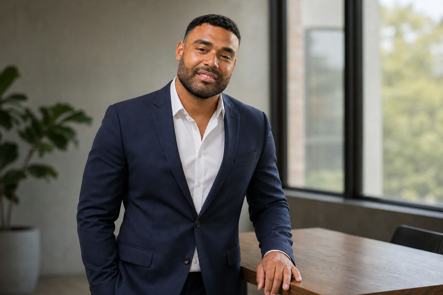 AI-assisted professional editorial portrait of Frank Smith III in a neutral office
