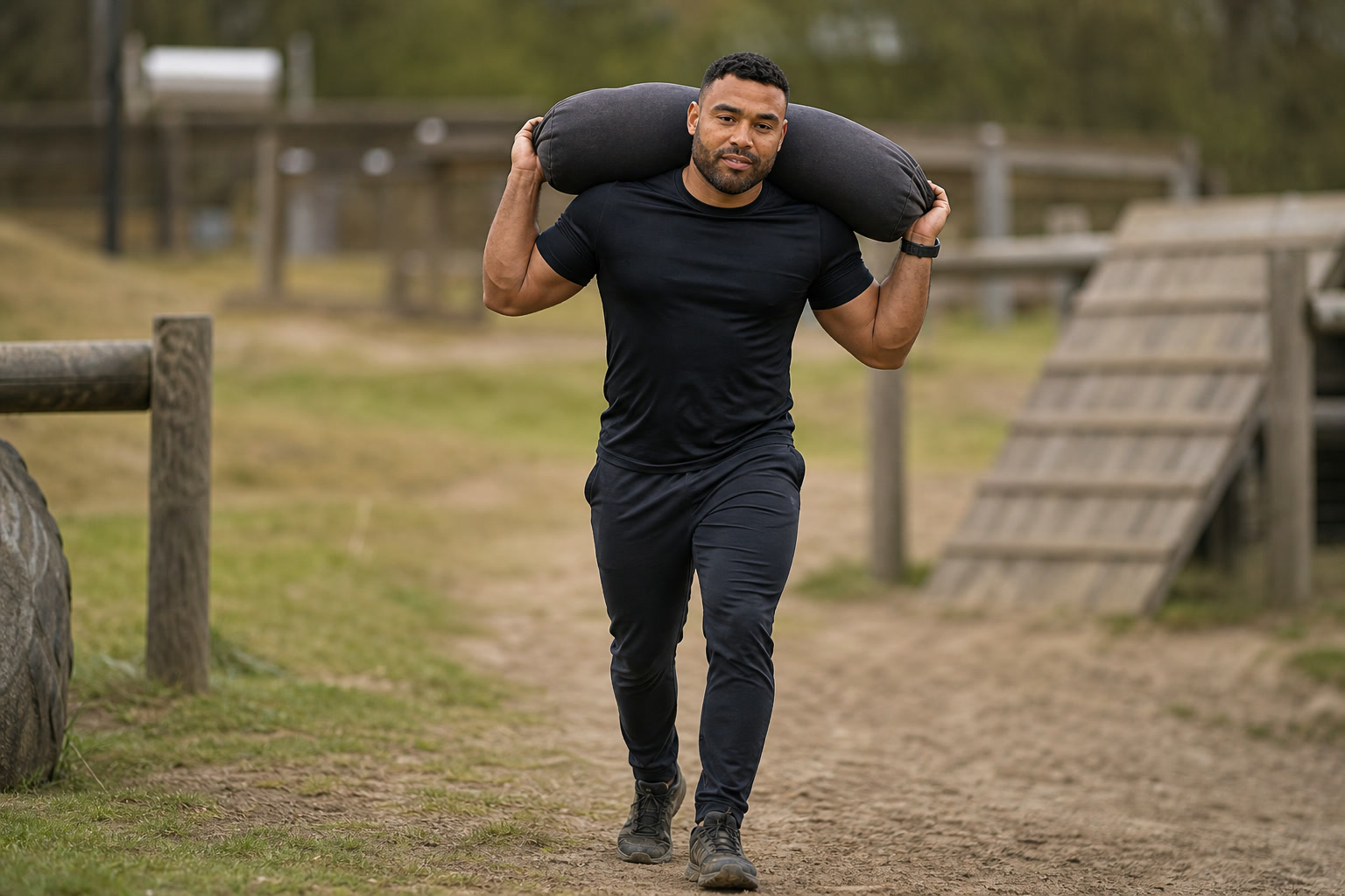 AI-assisted editorial image of Frank Smith III carrying a sandbag at a generic obstacle-course training area