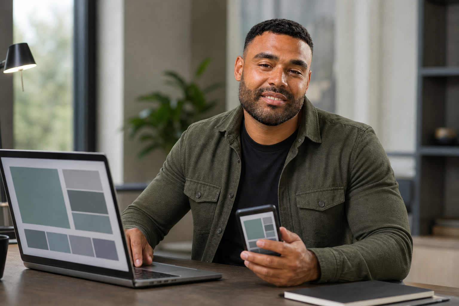 AI-assisted editorial image of Frank Smith III reviewing a responsive interface on a laptop and phone