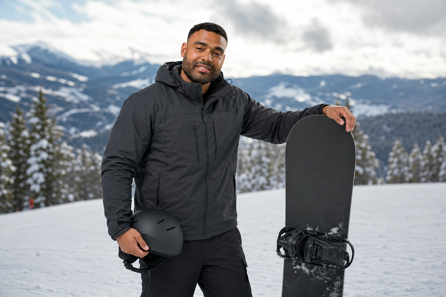 AI-assisted editorial image of Frank Smith III during a relaxed snowboarding break