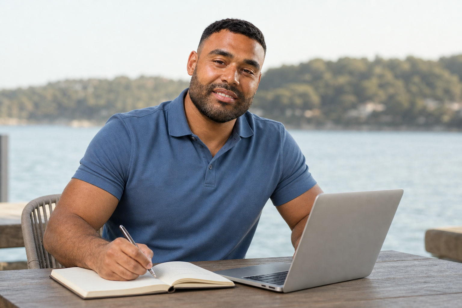 AI-assisted editorial image of Frank Smith III writing project notes beside a generic waterfront