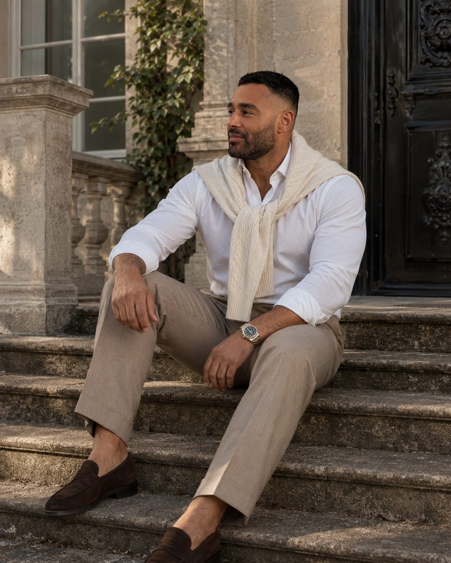 Frank Smith III sitting on steps in a professional New Jersey portrait