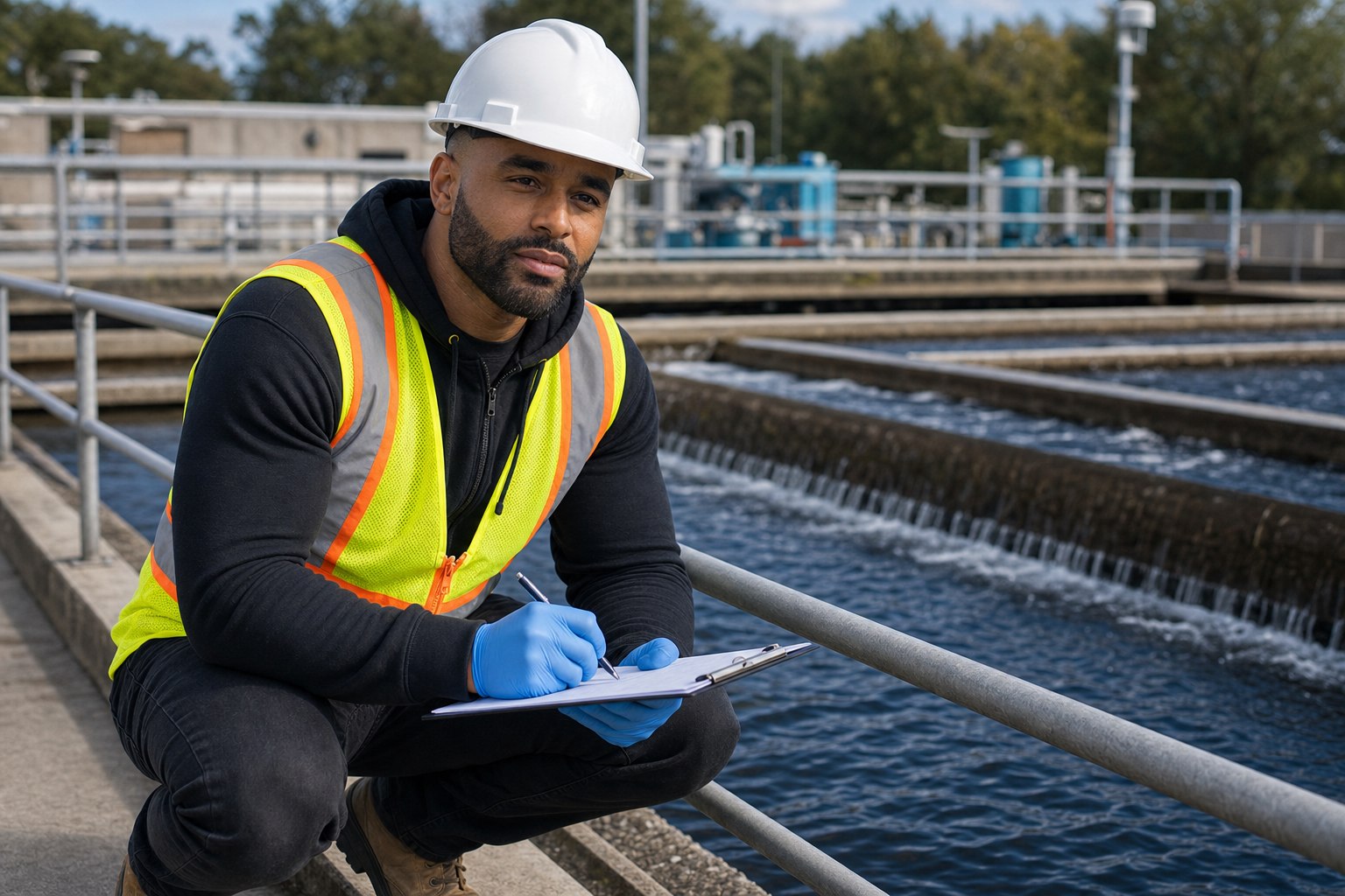 Frank Smith III reviewing field notes at a water-treatment facility