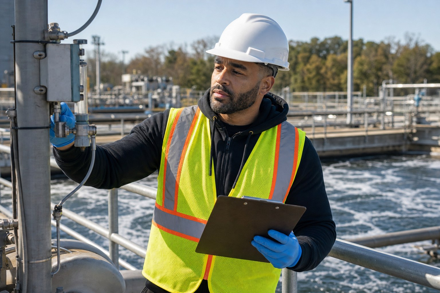 Frank Smith III checking equipment during a water-treatment safety inspection
