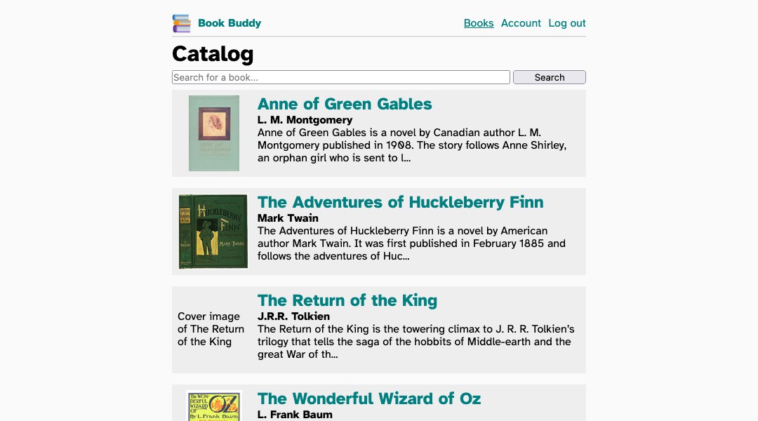 Book Buddy React catalog interface with search and account workflow states.