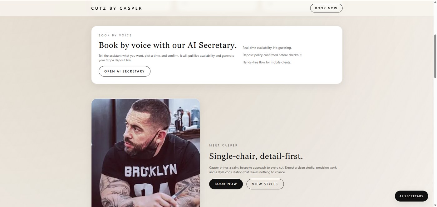 Cutz By Casper booking interface with AI-assisted scheduling options.
